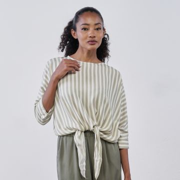 Blusa a righe verticali verdi e bianche da donna con nodo Alesya