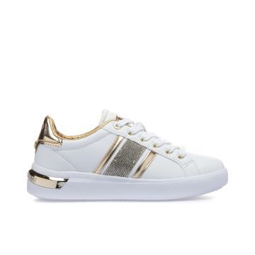 Sneakers bianche da donna con inserti laminati e strass