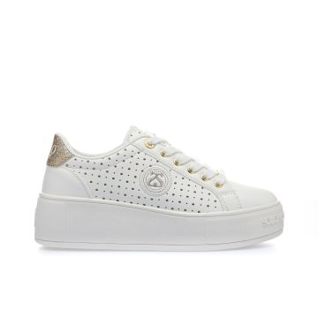 Sneakers bianche e oro con suola platform e logo laterale