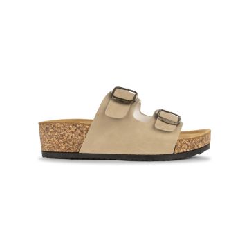Sandali a fascia da donna beige con maxi fibbie e