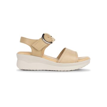Sandali beige da donna in pelle con zeppa 5 cm e e