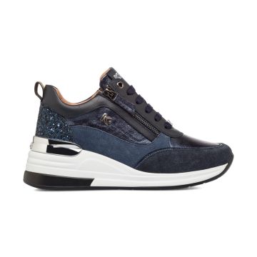 Sneakers blu da donna con suola zeppa e logo laterale