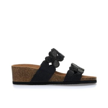 Sandali neri con zeppa effetto sughero e strass