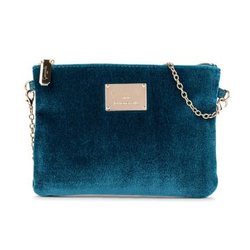 Pochette blu da donna in velluto con tracolla removibile in catena