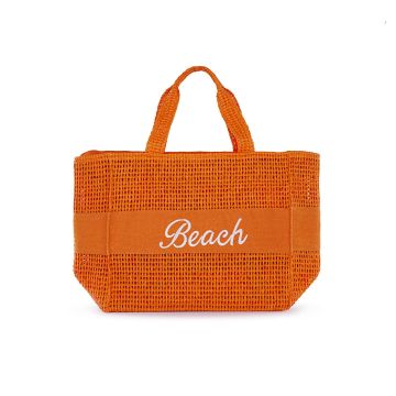 Borsa mare arancione da donna in paglia intrecciata con scritta