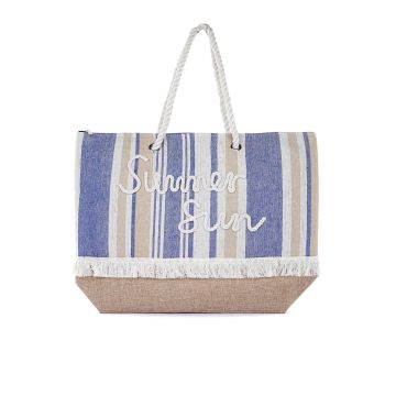 Shopper mare azzurra e beige con scritta ricamata