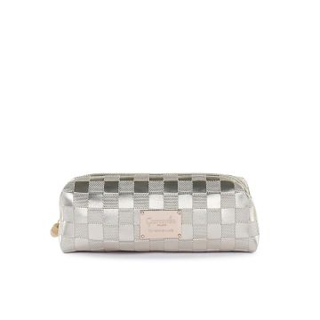 Beauty case oro effetto laminato da donna con zip e logo