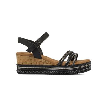 Sandali neri da donna con zeppa 7 cm e fasce decor