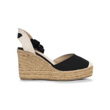Campesine nere da donna con zeppa in corda 8 cm e