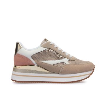 Sneakers beige e rosa con zeppa e glitter