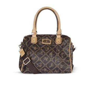 Bauletto marrone con stampa multi logo e tracolla in tessuto
