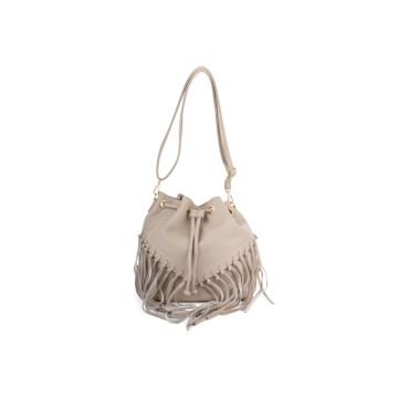 Borsa a secchiello beige da donna con frange e chi