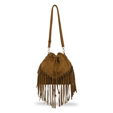 Borsa a secchiello marrone da donna con frange eff