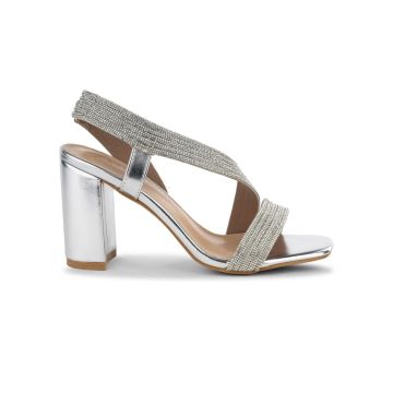 Sandali eleganti da donna argento con strass e tac