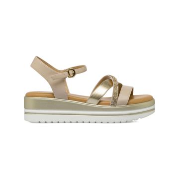 Sandali con zeppa da donna beige e oro con strass