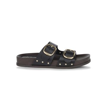 Sandali da donna neri con maxi fibbie oro e borchie Alesya