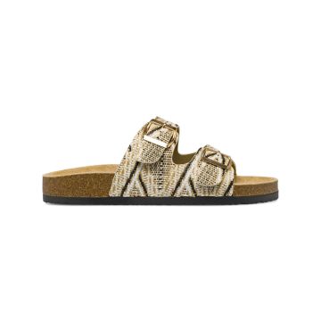 Sandali beige da donna con fibbie effetto rafia e