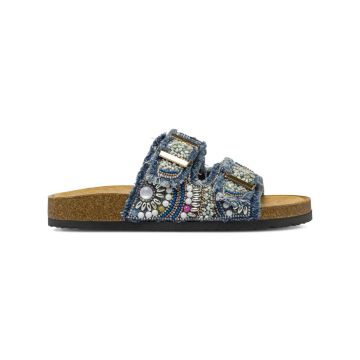 Sandali da donna blu effetto denim con ricami di p