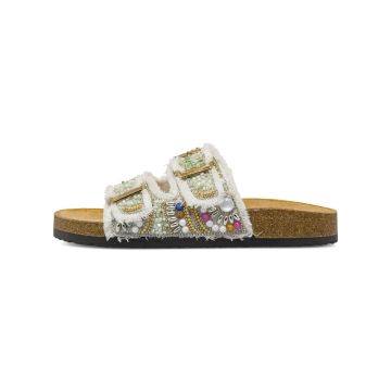 Sandali da donna bianchi effetto denim con ricami