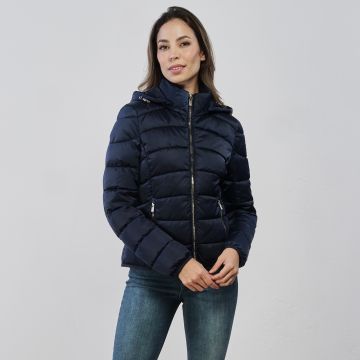 Piumino corto blu da donna con tasche e cappuccio