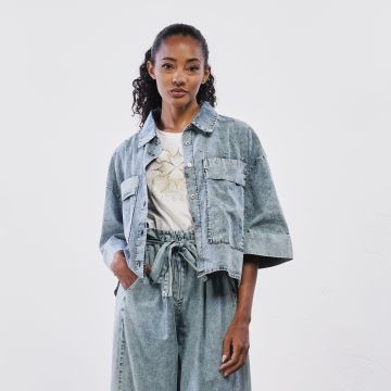 Giubbotto jeans da donna azzurro con applicazioni strass Yes Zee