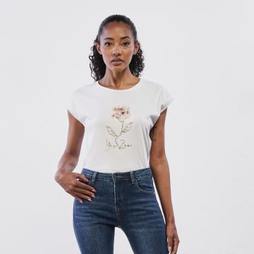 T-shirt bianca maniche corte da donna con stampa f