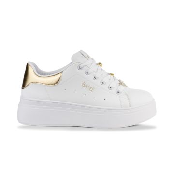 Sneakers bianche e oro da donna con suola platform