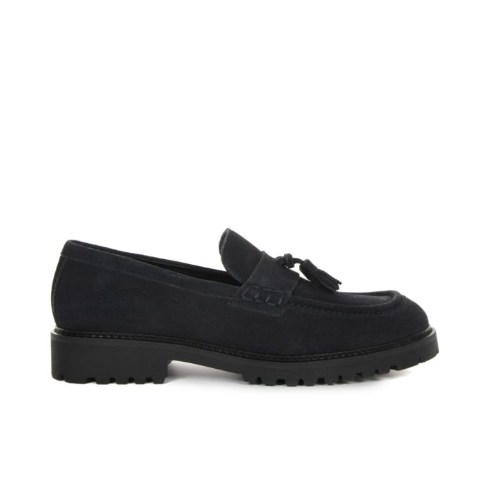 Mocassini blu casual in pelle con nappina