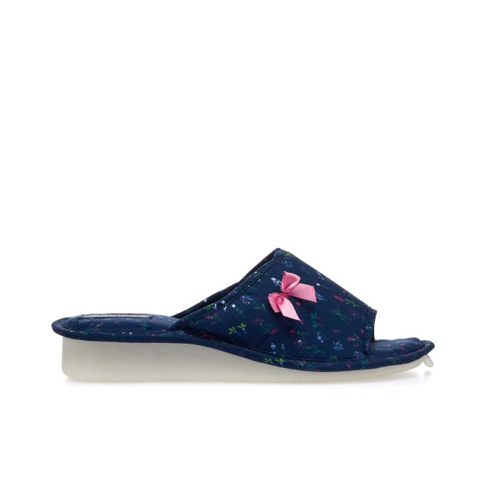 Ciabatte da casa blu spuntate con zeppina e stampa floreale