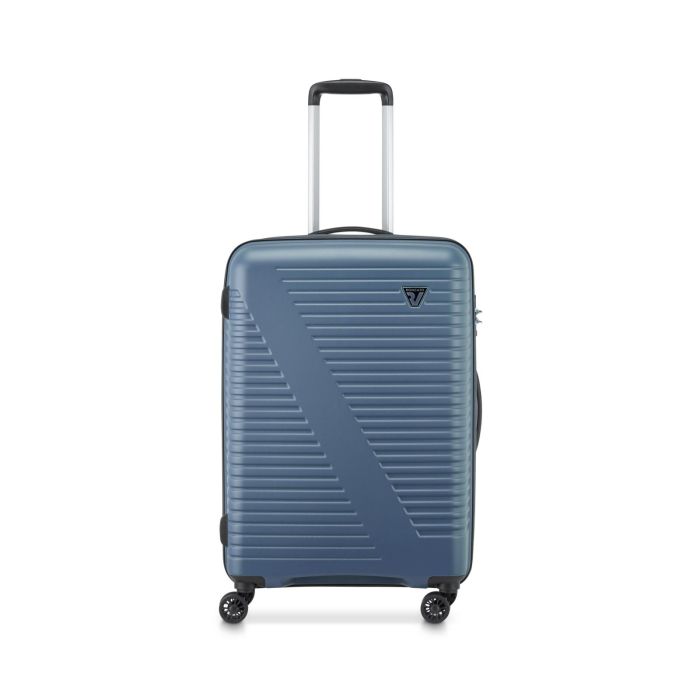Valigia rigida media blu avio sagomata con quattro ruote