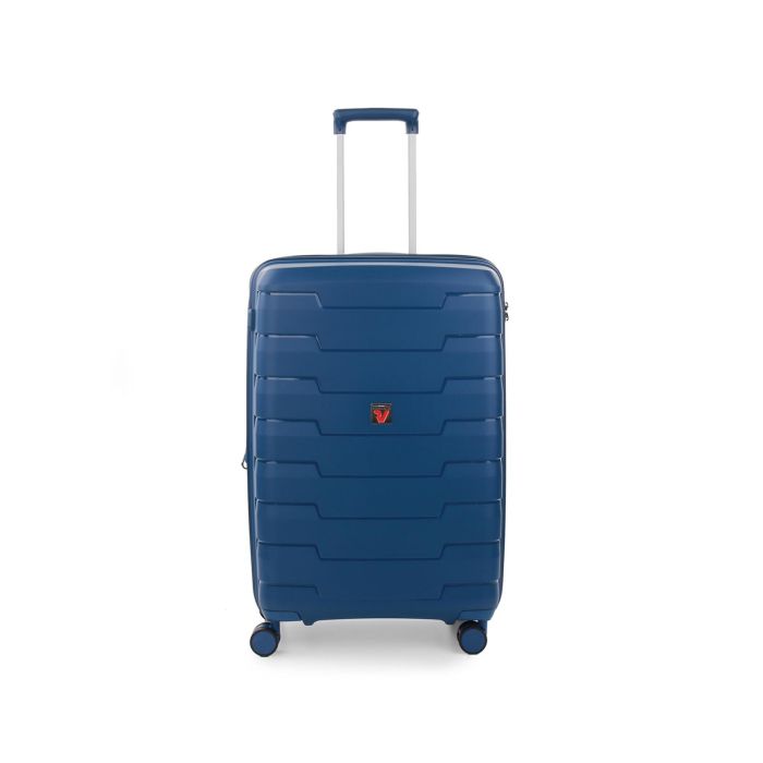 Valigia blu media rigida con quattro rute doppie e lucchetto a combinazione