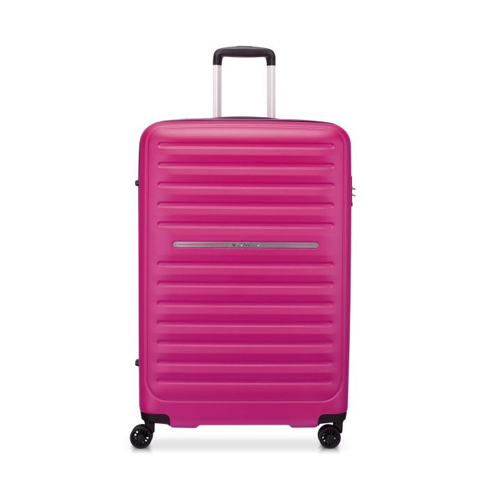 Trolley grande rigido fucsia con quattro ruote e lucchetto con chiusura a combinazione