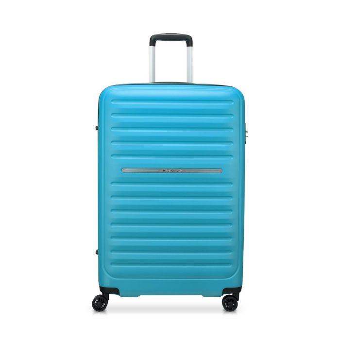 Trolley medio rigido azzurro con quattro ruote e lucchetto con chiusura a combinazione