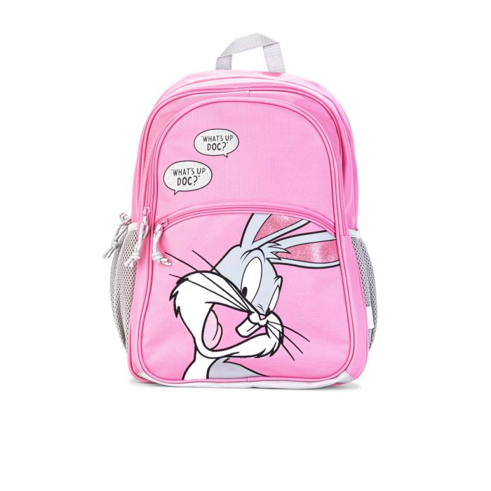 Zainetto rosa da viaggio con tasche e stampa cartoon Bugs Bunny