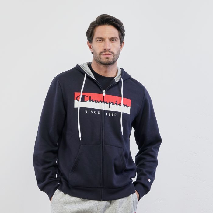 Felpa sportiva blu con zip, cappuccio e stampa maxi logo