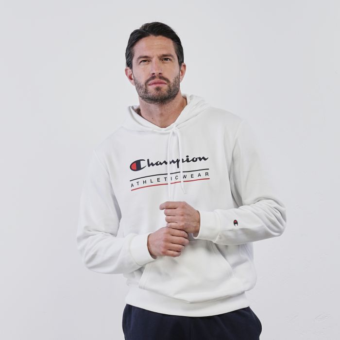 Felpa bianca sportiva da uomo con maxi logo e cappuccio