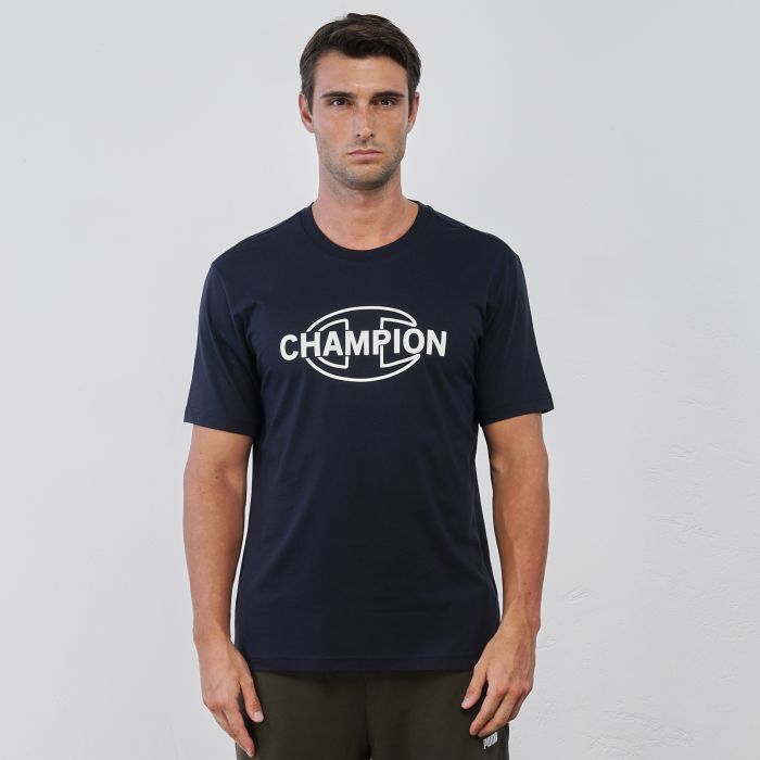 T-shirt sportiva blu da uomo con maxi logo e maniche corte
