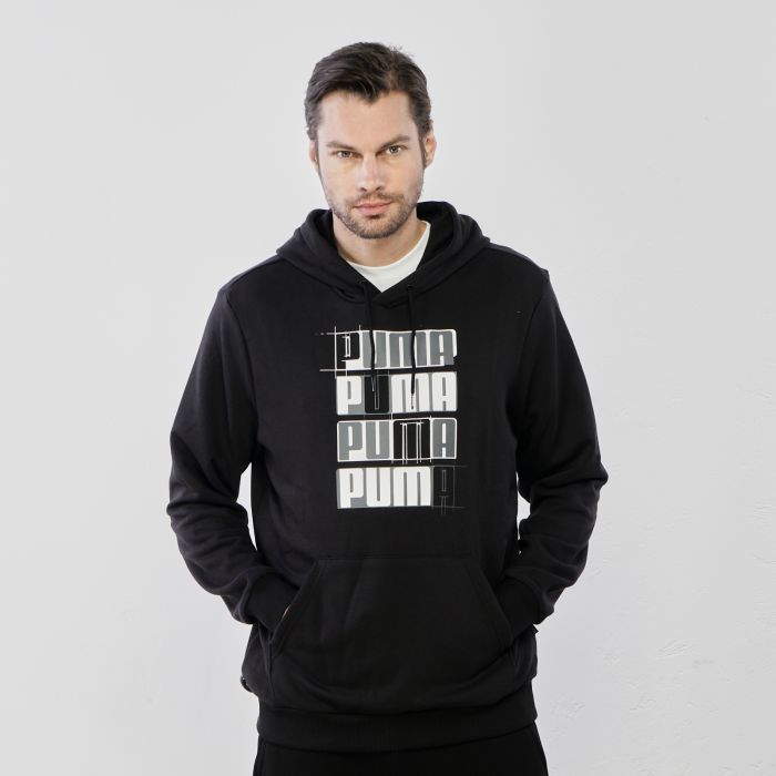 Felpa nera stampa multi-logo con cappuccio e tasca