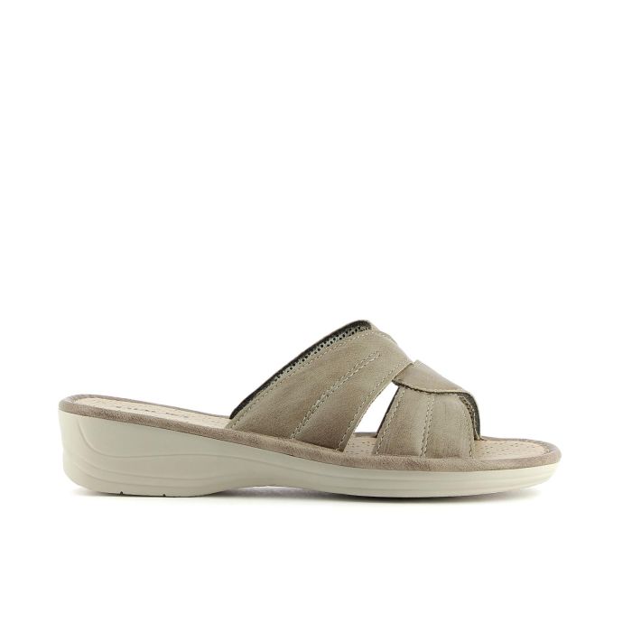 Ciabatte comfort da donna beige in pelle con zeppina