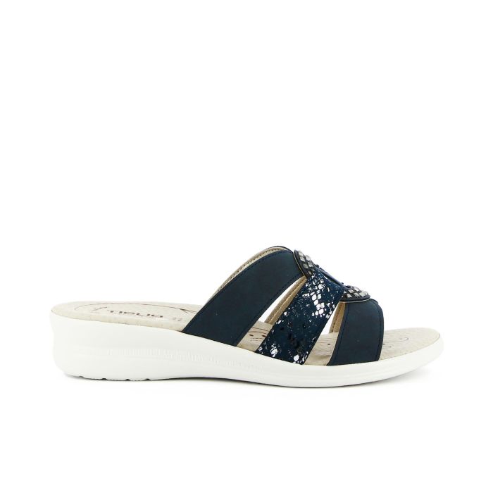 Ciabatte comfort blu in pelle con zeppina