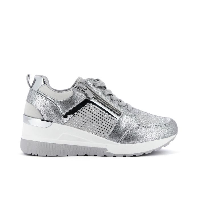 Sneakers argento con zip strass e zeppa
