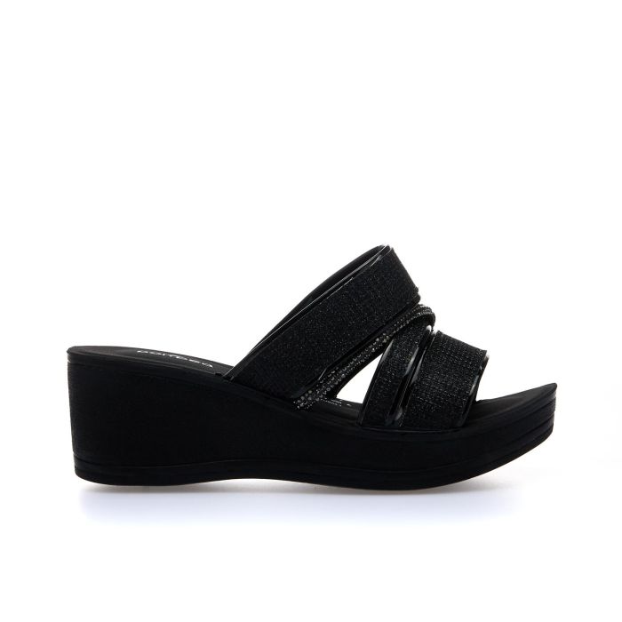 Ciabatte nere da mare con zeppa e fasce glitterate