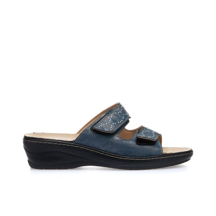 Ciabatte comfort blu con doppio velcro e zeppina