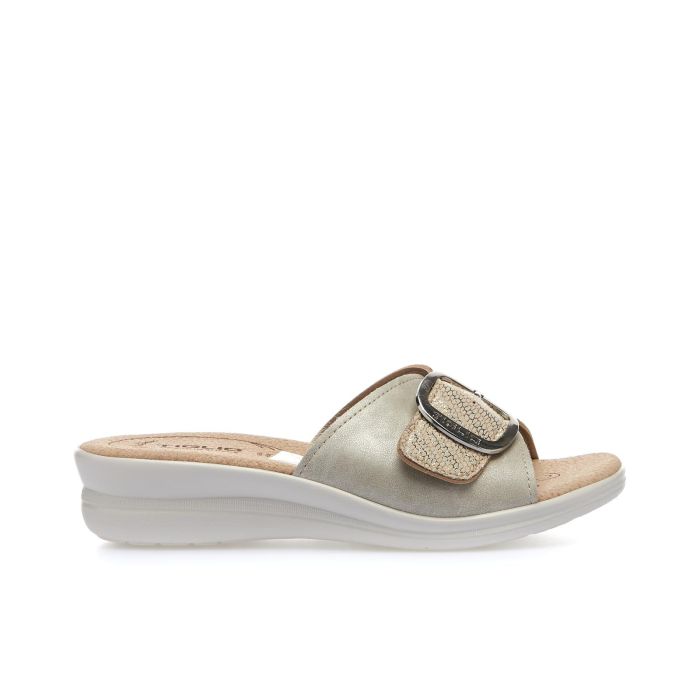 Ciabatte comfort oro con fibbia e zeppina