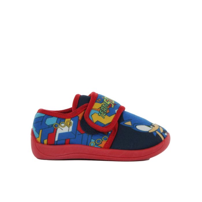 Pantofole asilo blu e rosse da bimbo con velcro e stampa cartoon