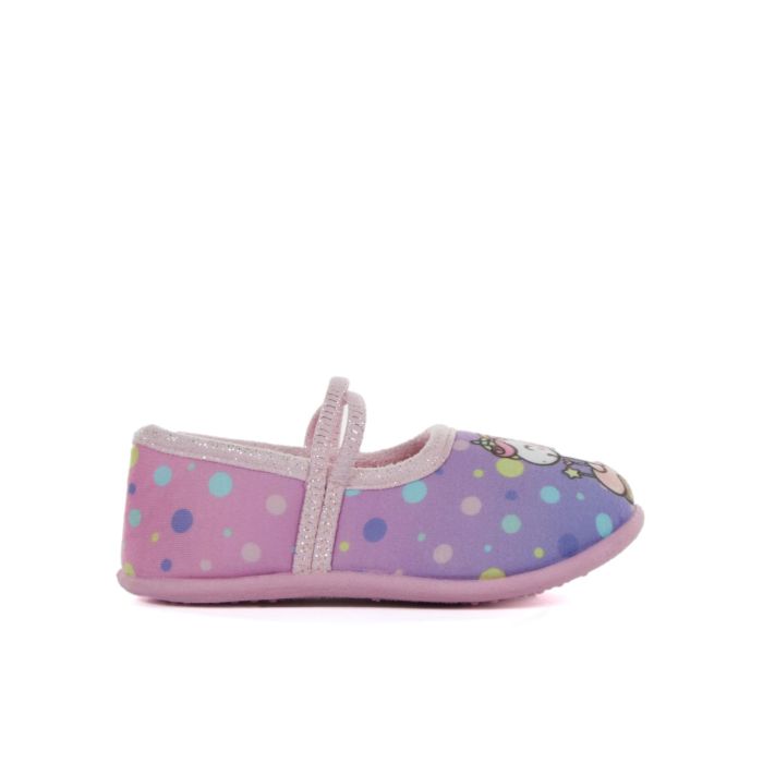 Pantofole asilo viola da bimba con cinturino elastico e stampa cartoon