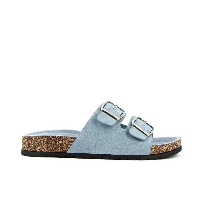 Sandali azzurri con doppia fibbia e fondo effetto sughero
