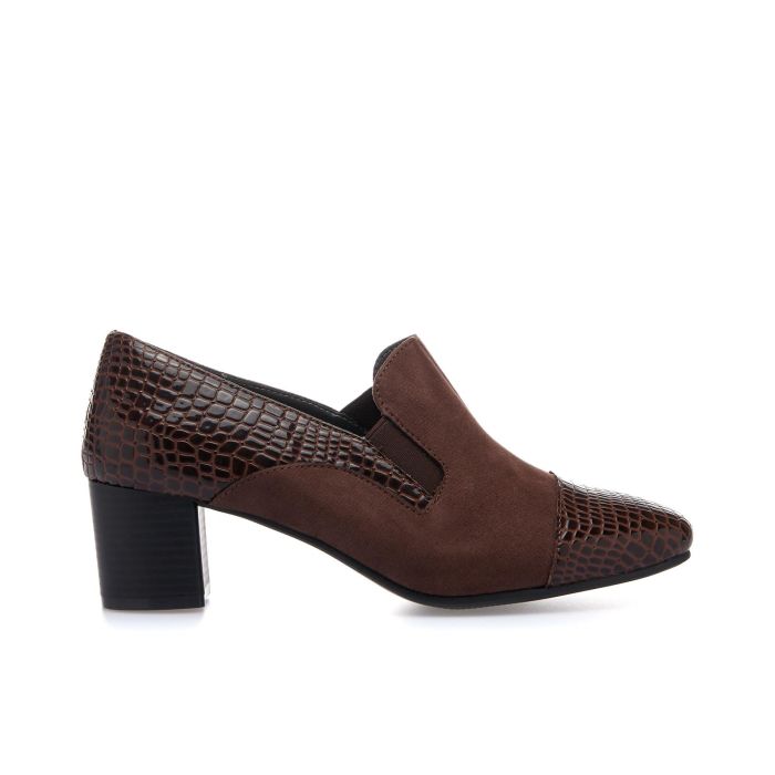 Decolletè comfort marrone con tacco largo e inserto stampa animalier