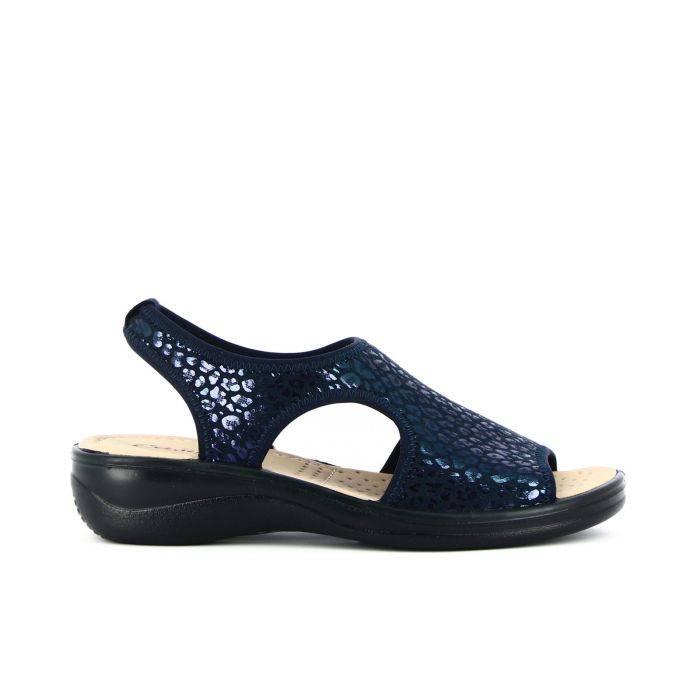 Sandali comfort blu elasticizzati con stampa animalier e zeppina