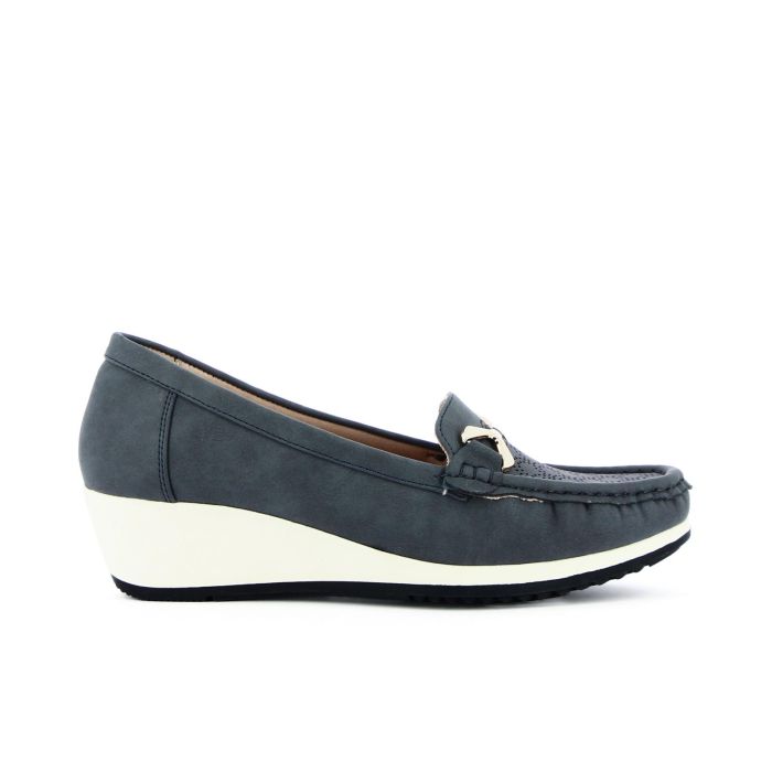 Mocassini blu comfort con settaglio traforato zeppina e morsetto